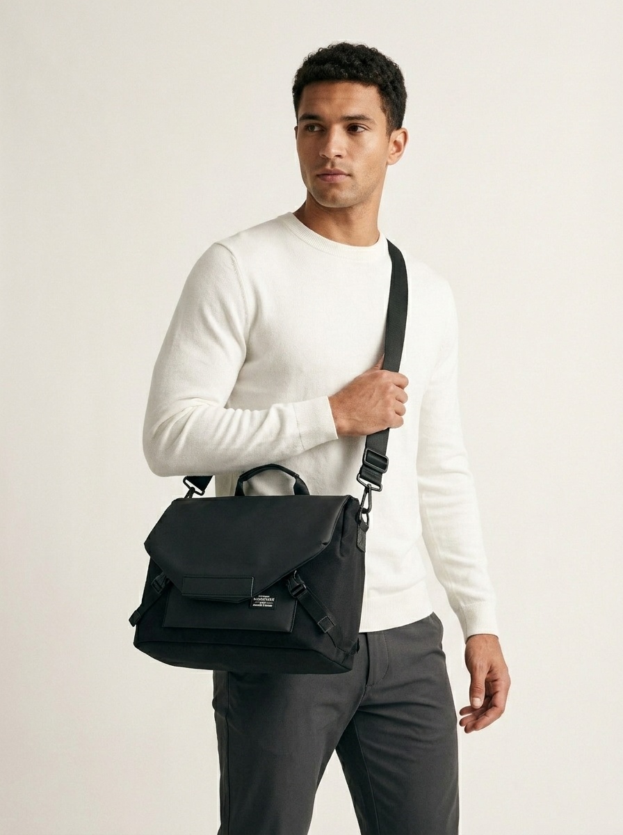 Men's Modern Matte Black Messenger Bag - Laptop Briefcase