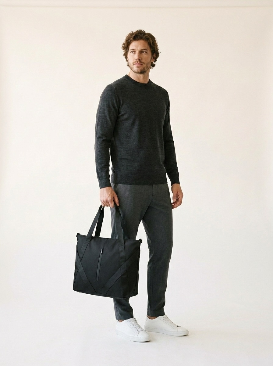 Men's Black Nylon Tote Bag - Gym & Travel Shoulder Bag