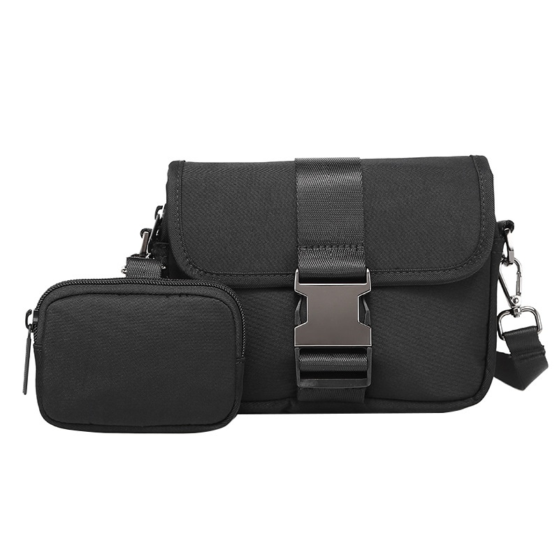 Men's Matte Black Crossbody Bag with Buckle & Pouch
