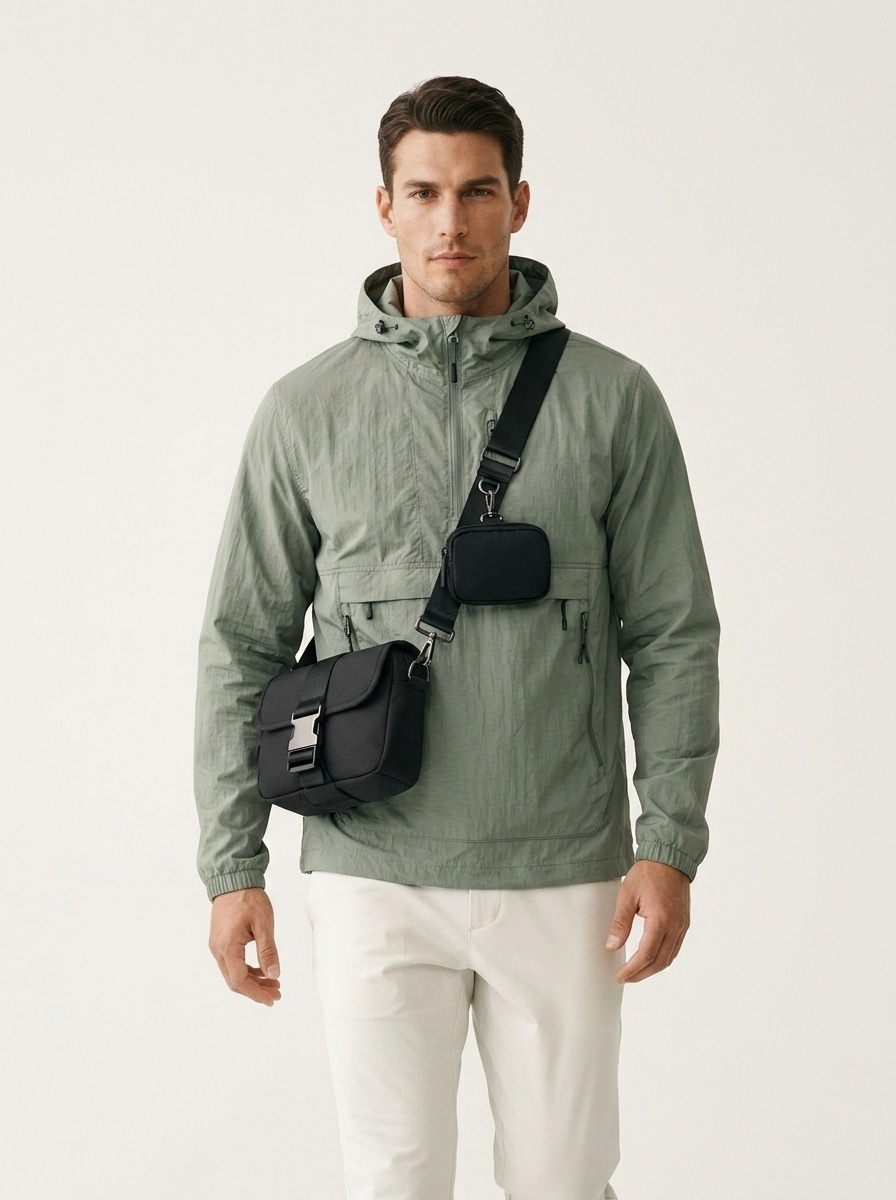 Men's Matte Black Crossbody Bag with Buckle & Pouch