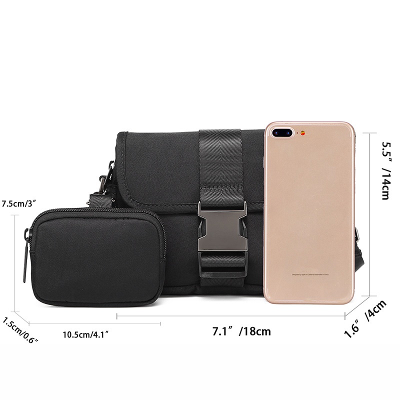 Men's Matte Black Crossbody Bag with Buckle & Pouch
