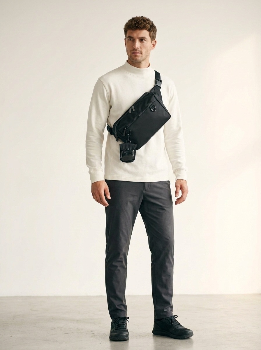 Men's Black Nylon Crossbody Bag with Detachable Pouch