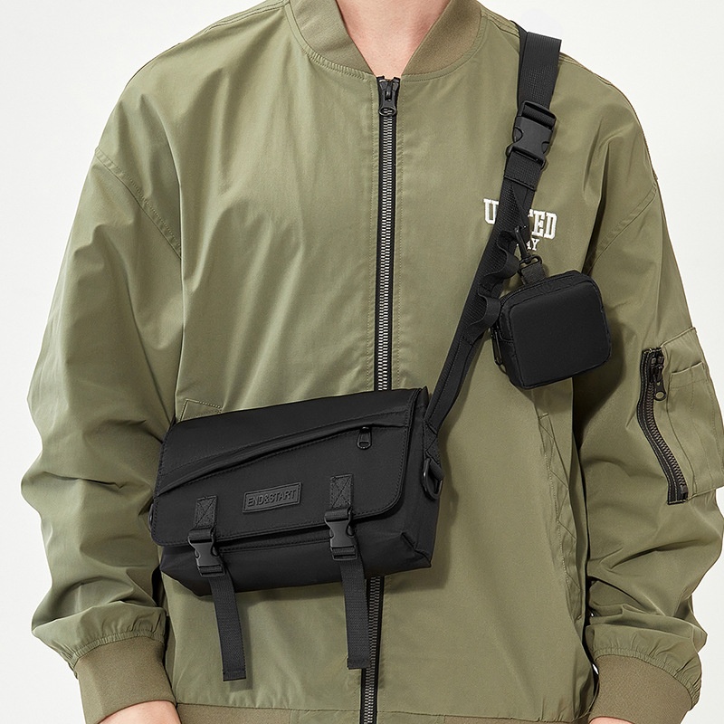 Men's Black Crossbody Messenger Bag with Detachable Pouch