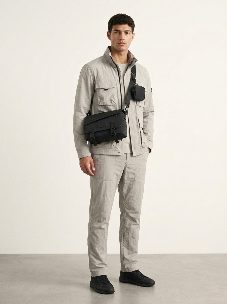 Men's Black Crossbody Messenger Bag with Detachable Pouch