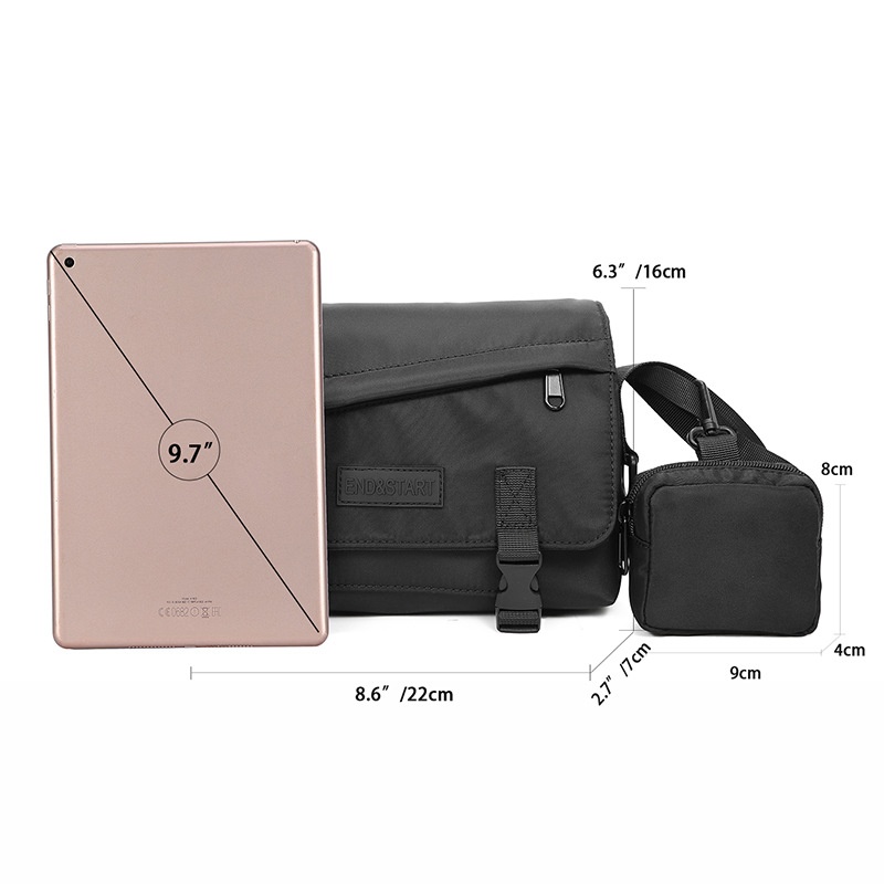 Men's Black Crossbody Messenger Bag with Detachable Pouch