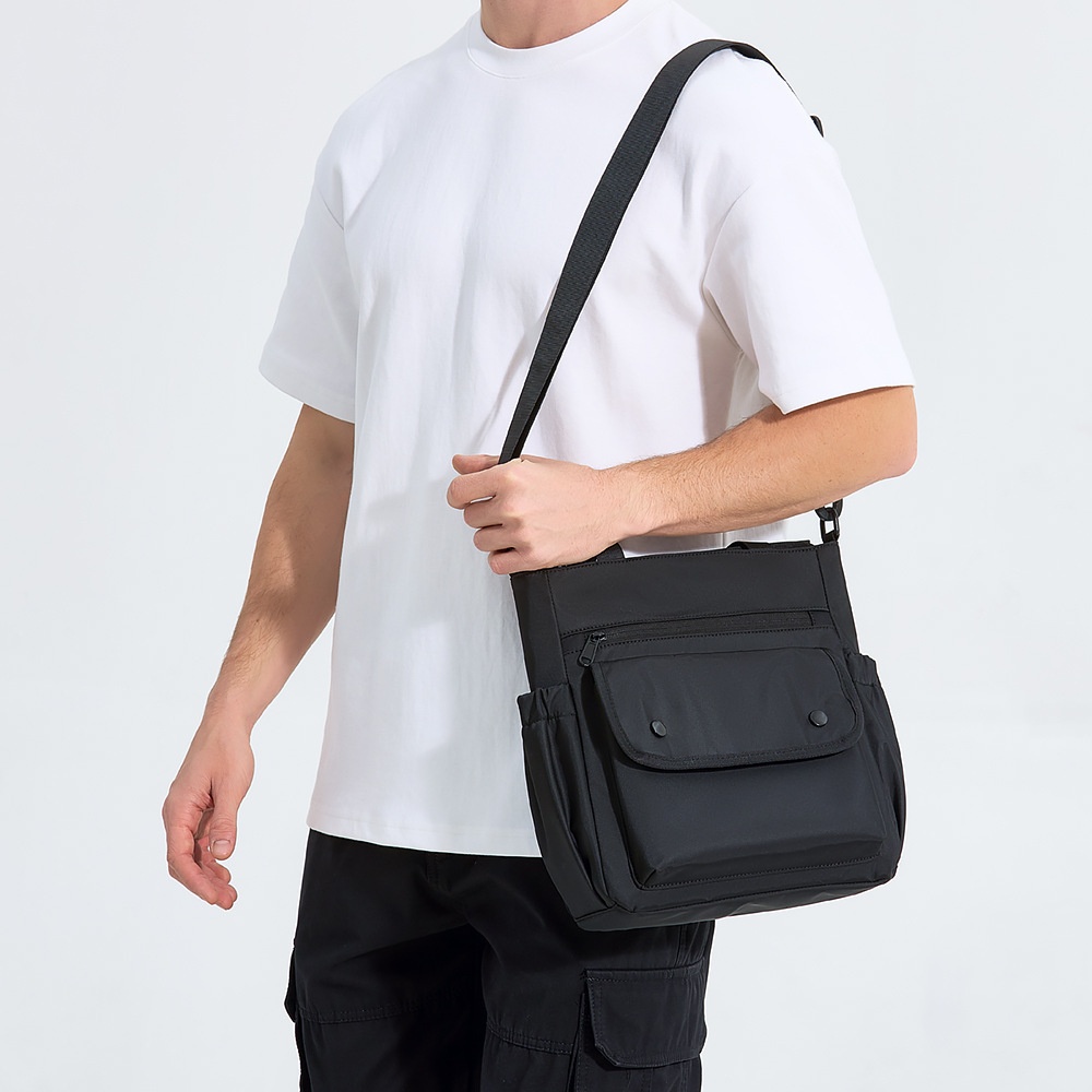 Men's Black Utility Messenger Bag with Pockets