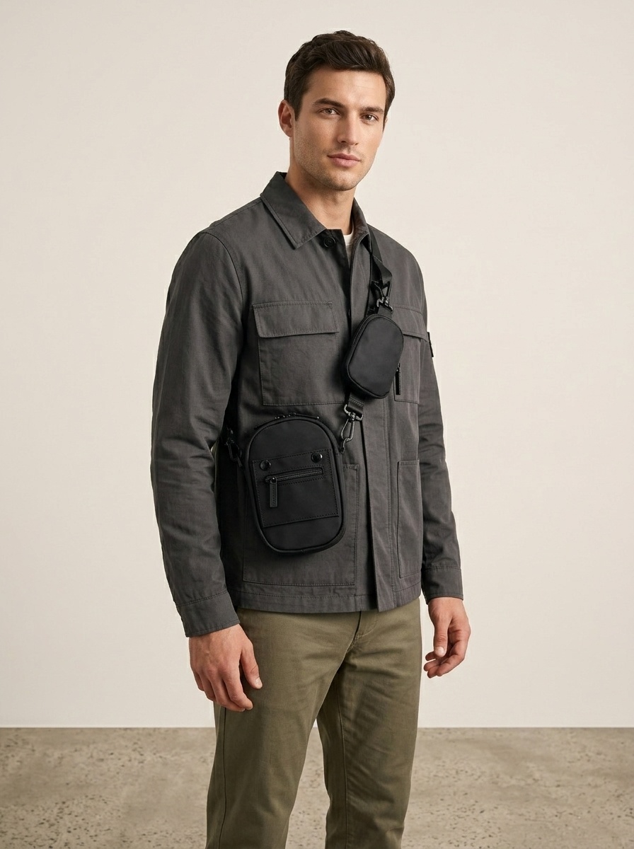 Compact Black Crossbody Bag with Detachable Pouch