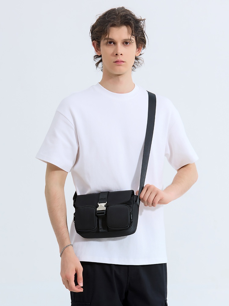 Black Utility Crossbody Bag with Buckle & Pockets for Men