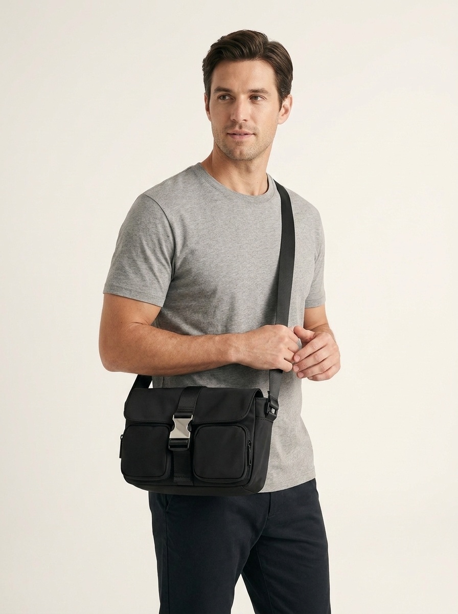 Black Utility Crossbody Bag with Buckle & Pockets for Men
