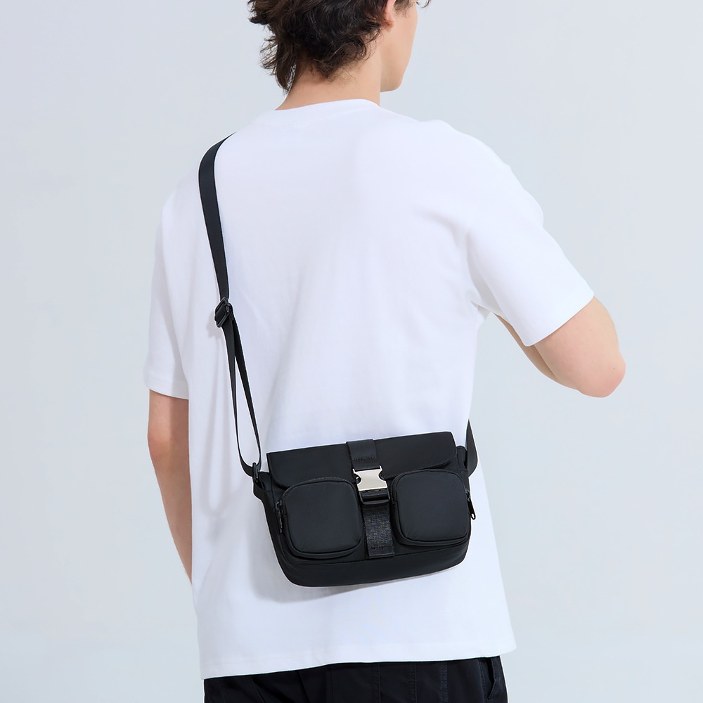 Black Utility Crossbody Bag with Buckle & Pockets for Men