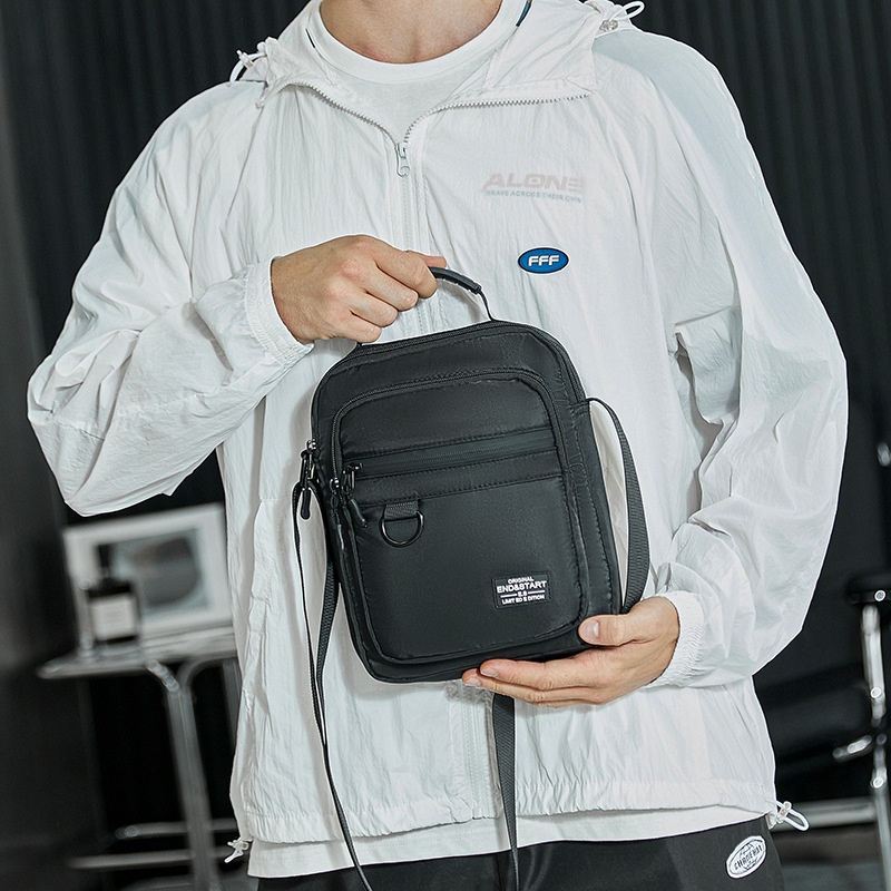 Men's Black Nylon Crossbody Bag with Top Handle