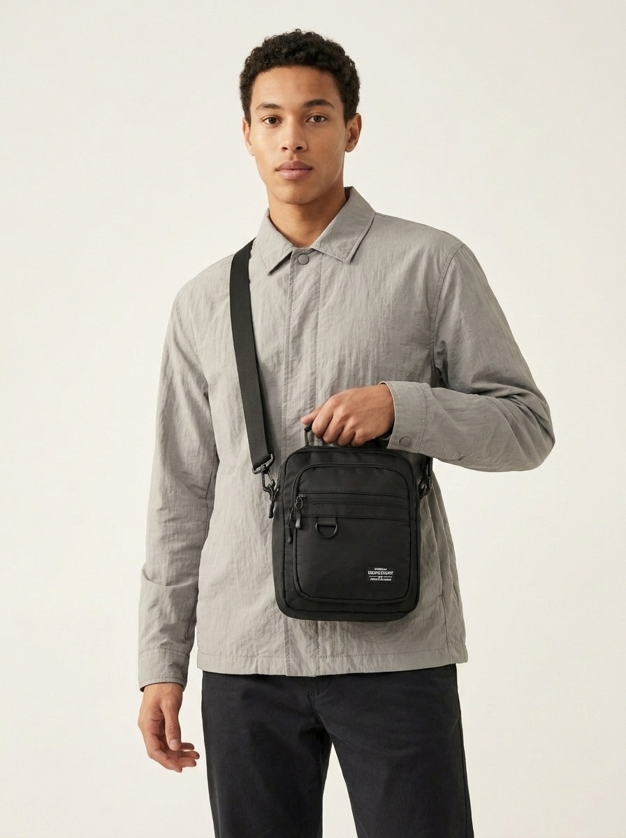 Men's Black Nylon Crossbody Bag with Top Handle
