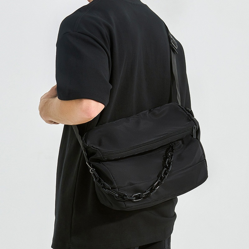 Men's Black Nylon Crossbody Bag with Chain Detail