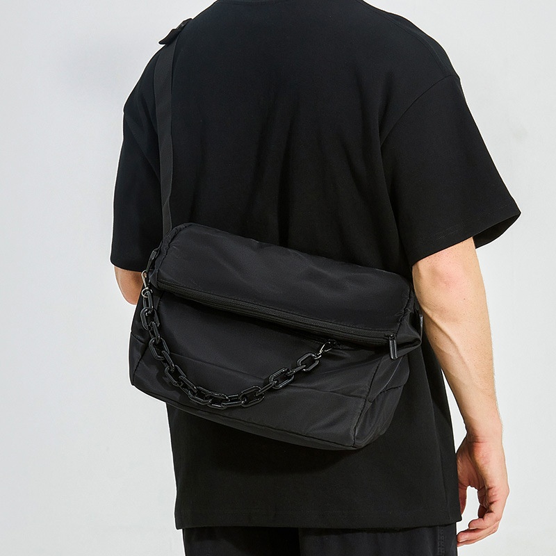 Men's Black Nylon Crossbody Bag with Chain Detail