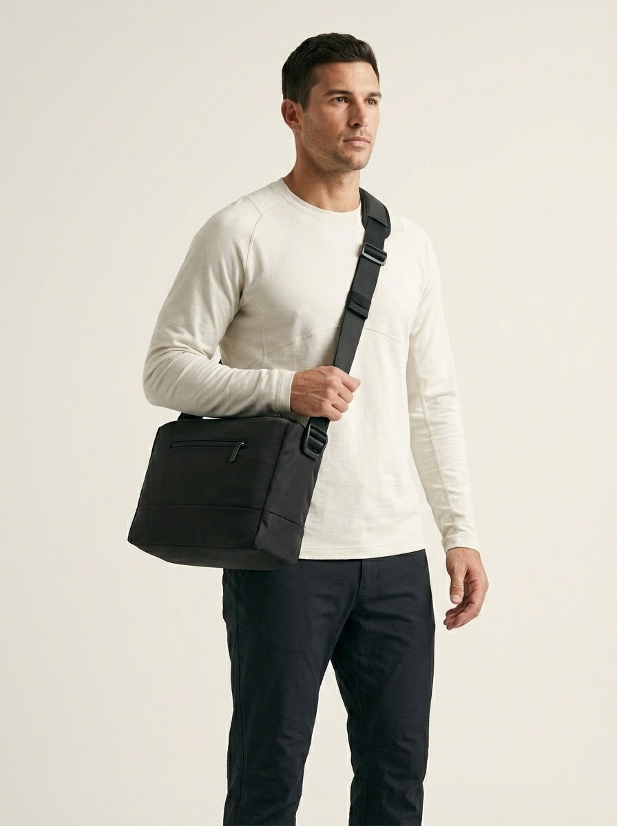 Men's Black Nylon Crossbody Bag with Chain Detail