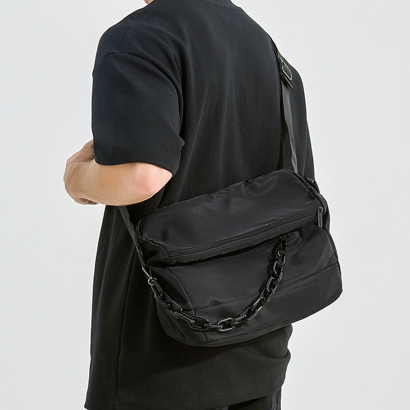 Men's Black Nylon Crossbody Bag with Chain Detail