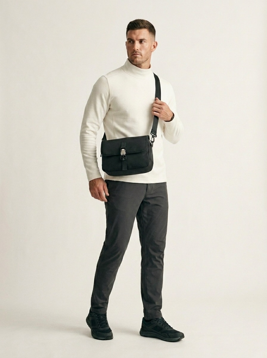 Men's Black Messenger Bag - Durable Crossbody Flap Bag