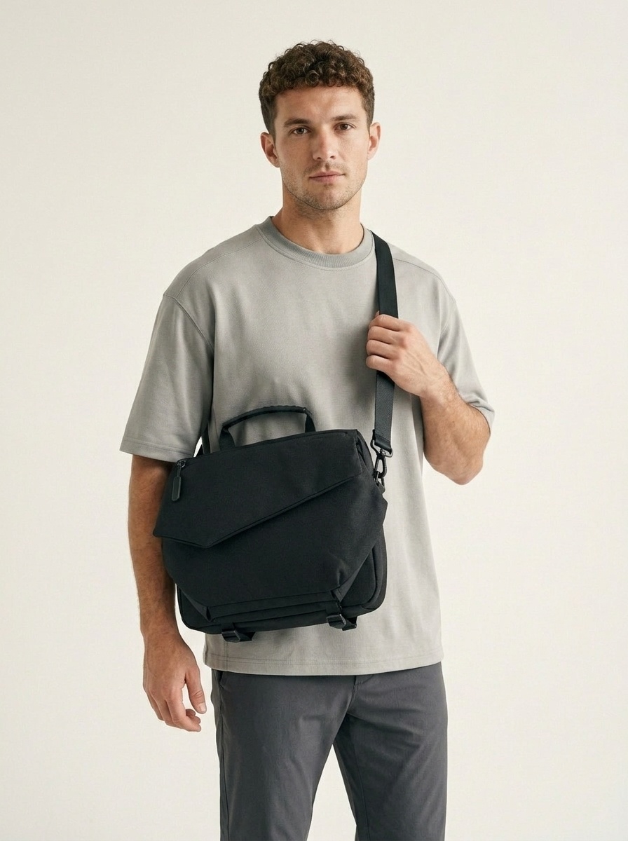 Sleek Black Crossbody Messenger Bag - Travel Sling Pack