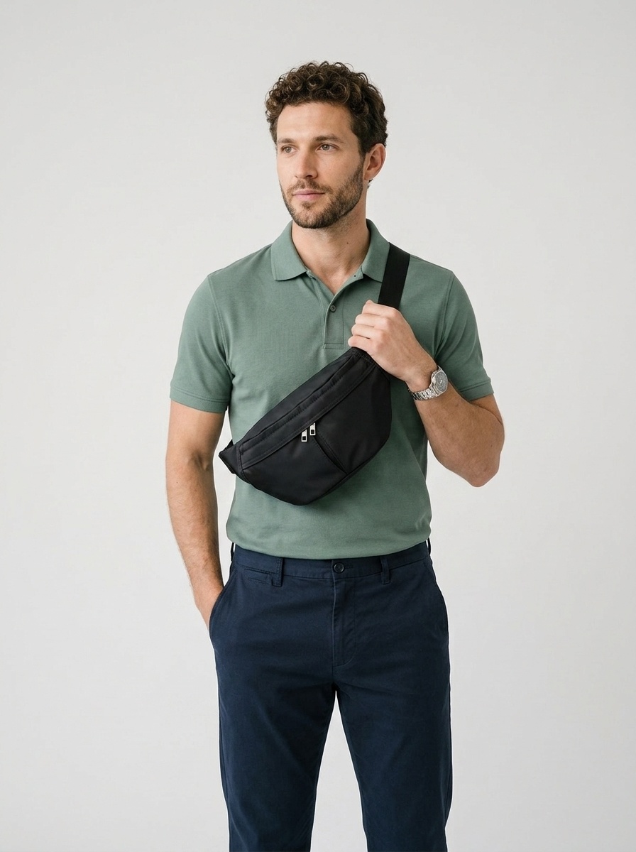 Black Nylon Sling Bag - Men's Casual Fanny Pack