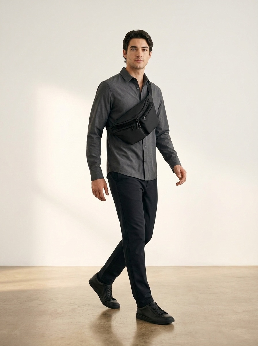 Men's Black Multi-Pocket Sling Bag - Casual Fanny Pack