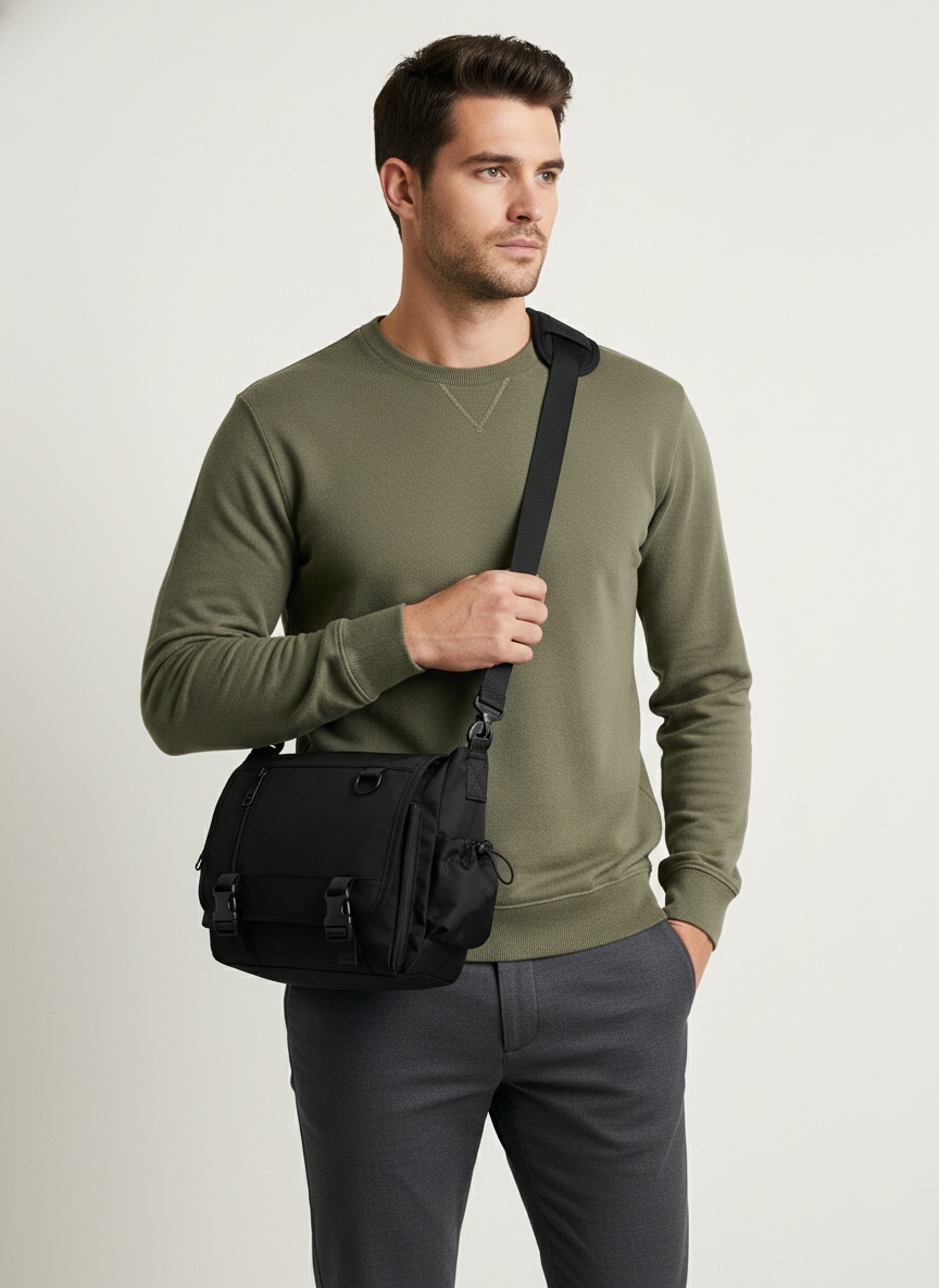 Men's Black Tech Messenger Bag - Crossbody Sling