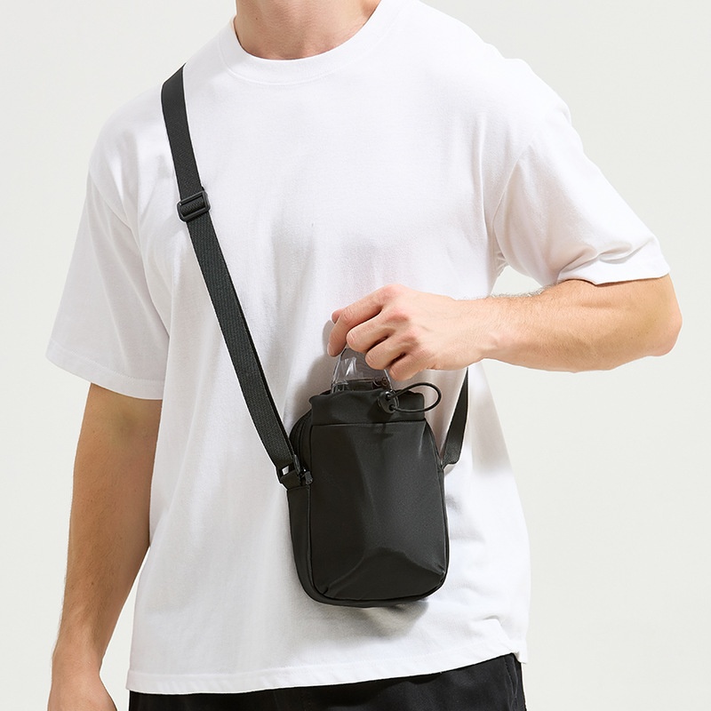 Minimalist Black Nylon Drawstring Crossbody Bag