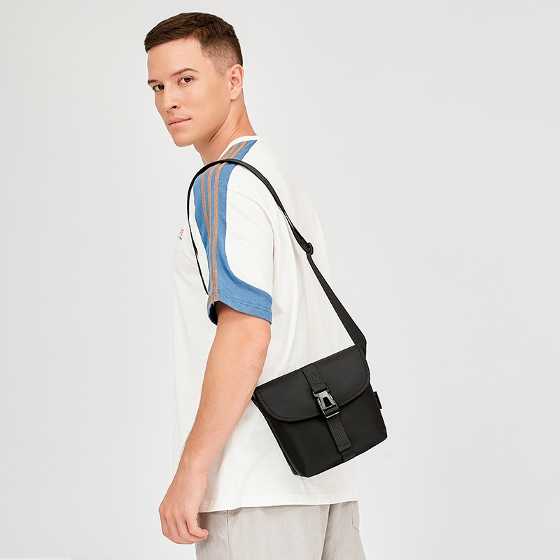 Men's Compact Black Crossbody Bag with Buckle Closure
