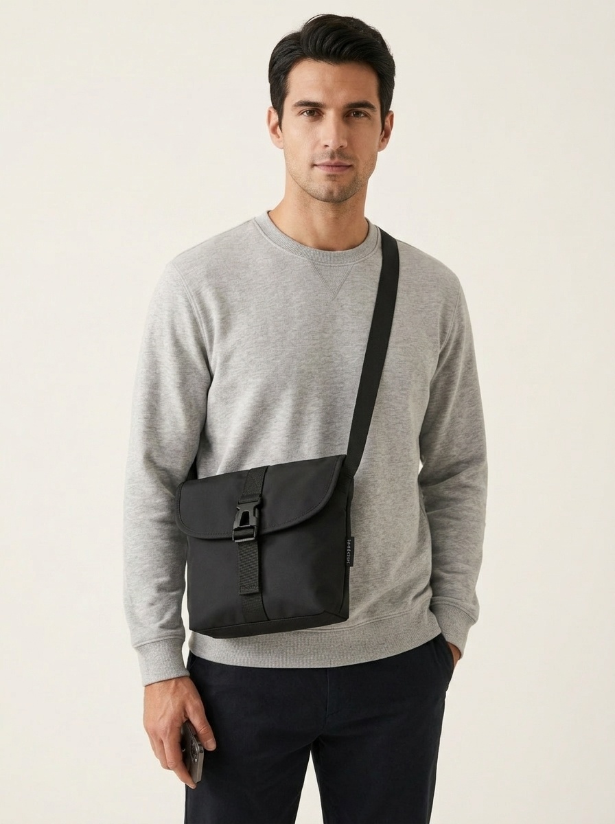 Men's Compact Black Crossbody Bag with Buckle Closure