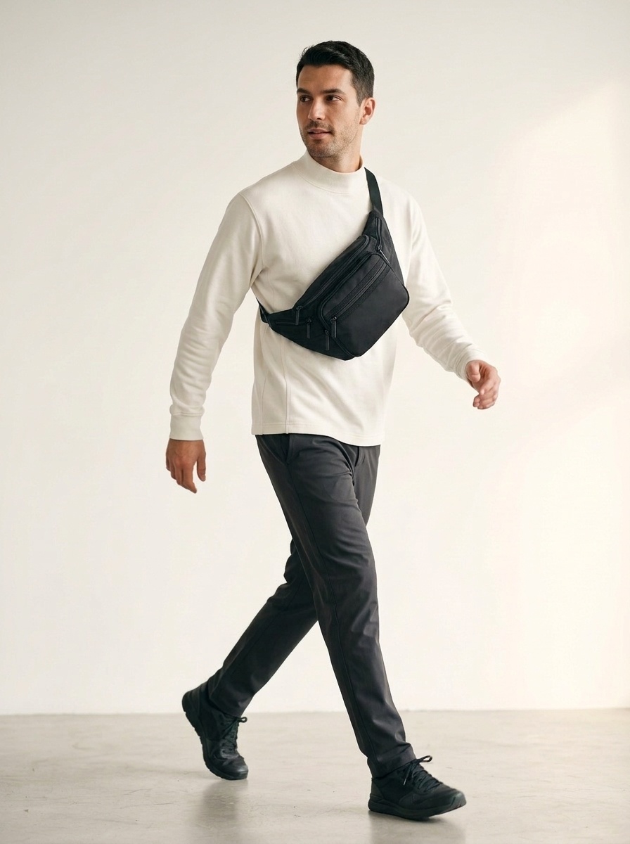 Multi-Pocket Black Fanny Pack - Adjustable Sling Bag