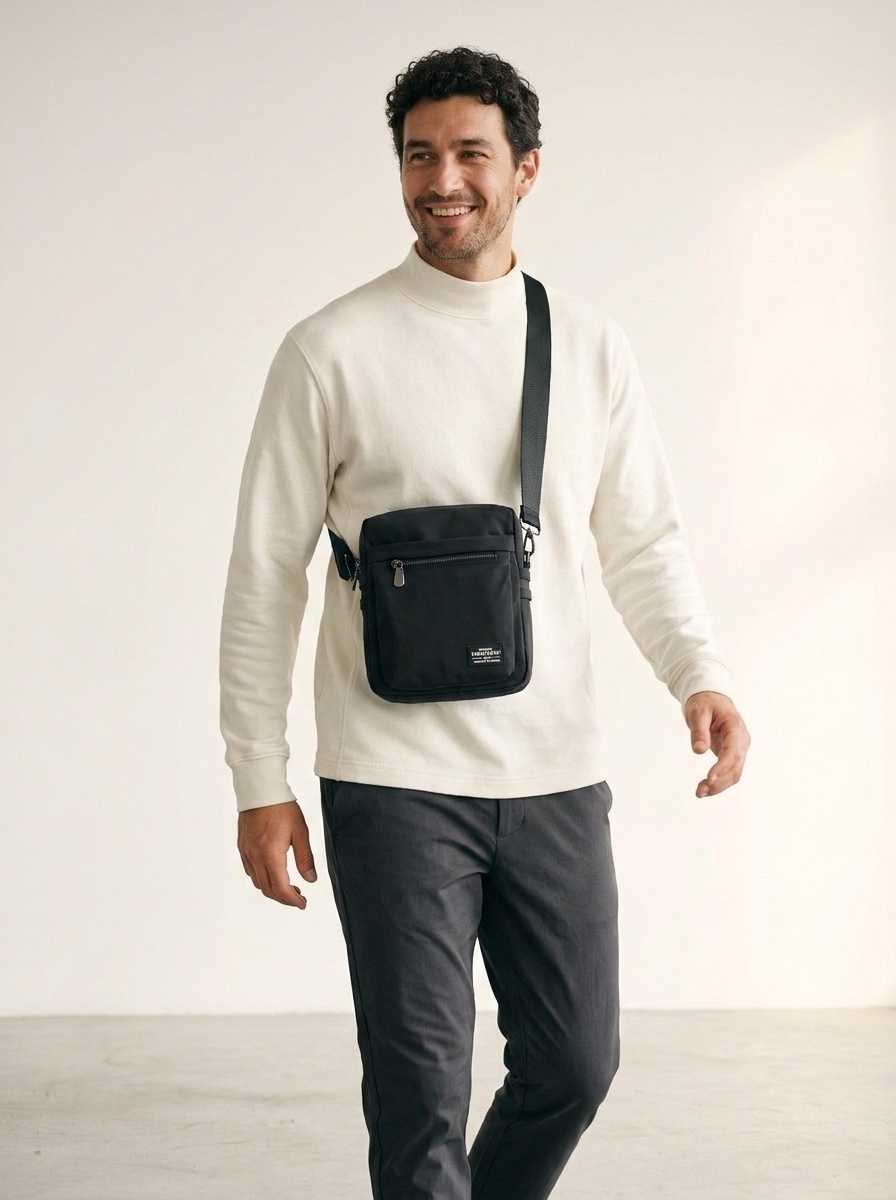 Men's Black Nylon Crossbody Bag - Everyday Messenger