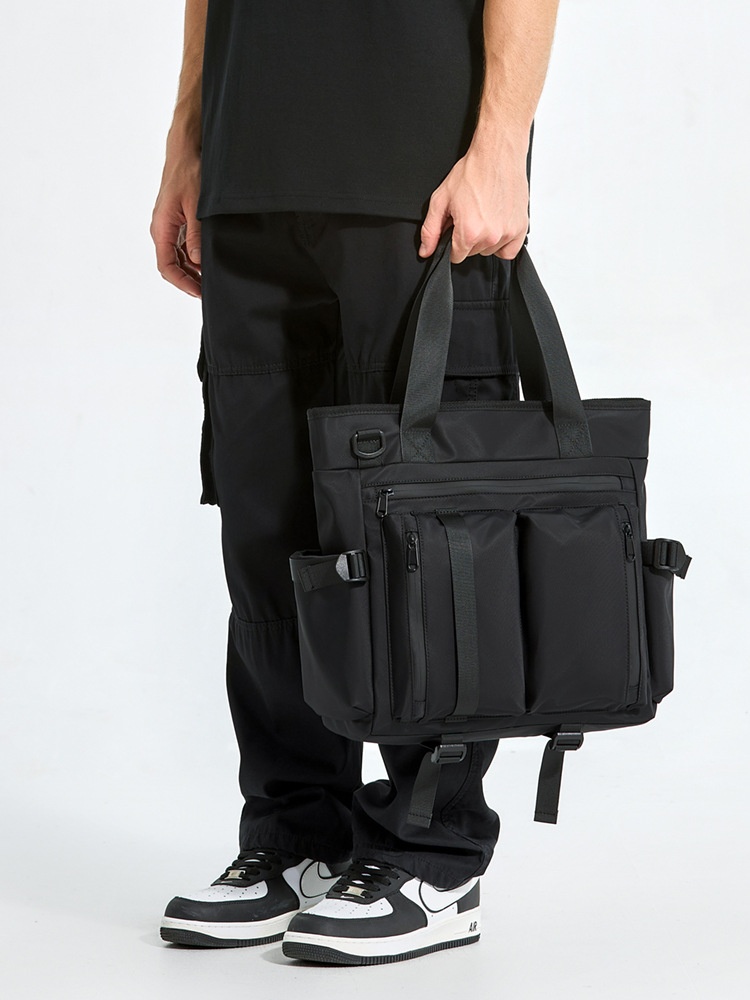 Men's Black Multi-Pocket Utility Tote Bag