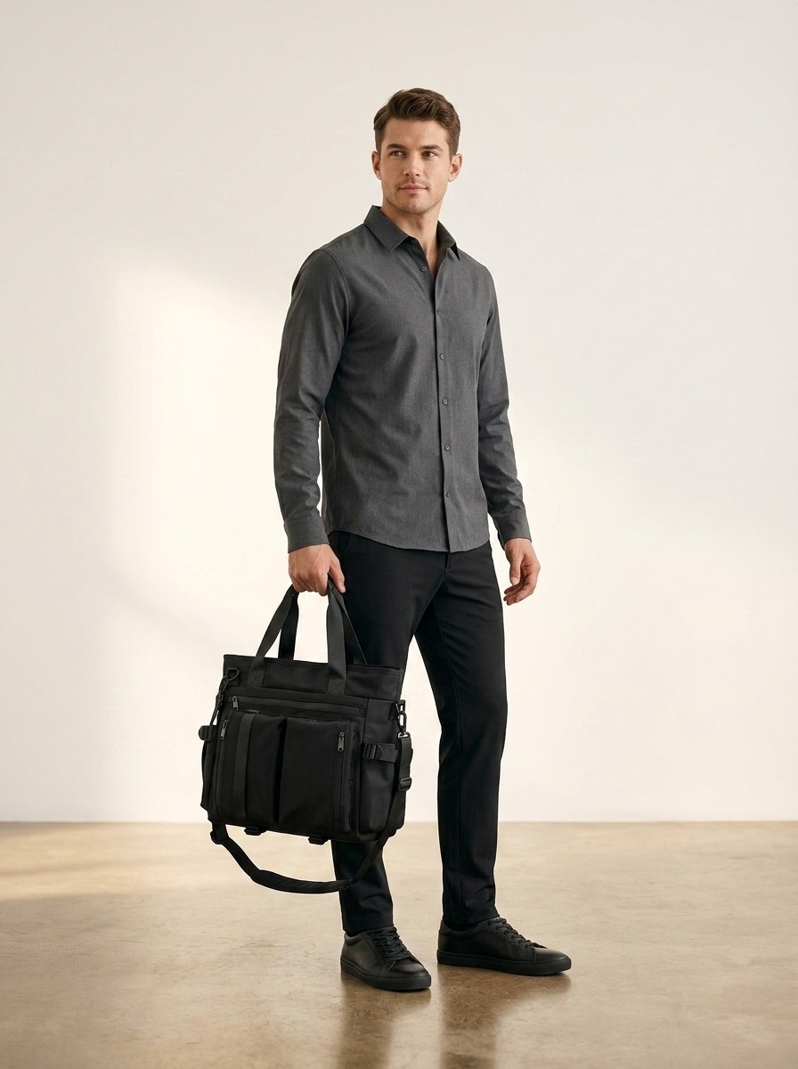 Men's Black Multi-Pocket Utility Tote Bag