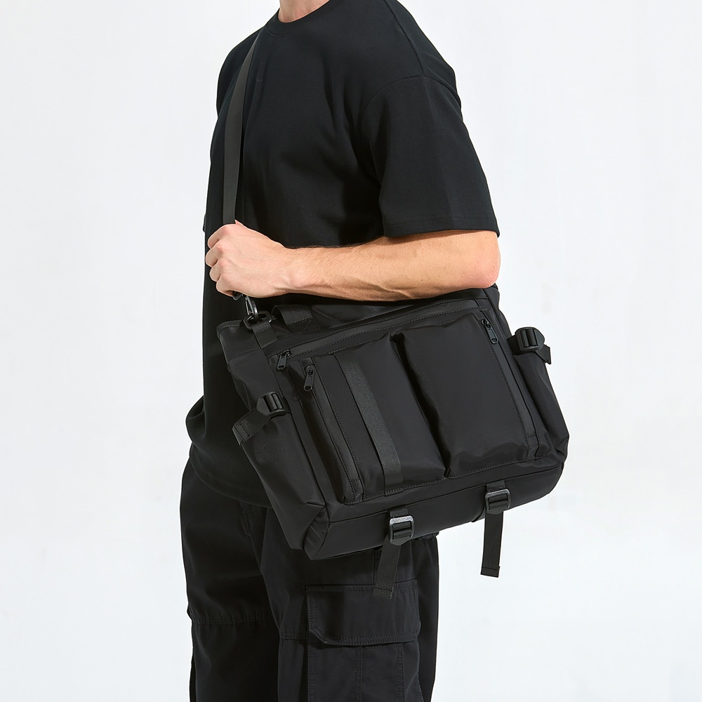 Men's Black Multi-Pocket Utility Tote Bag