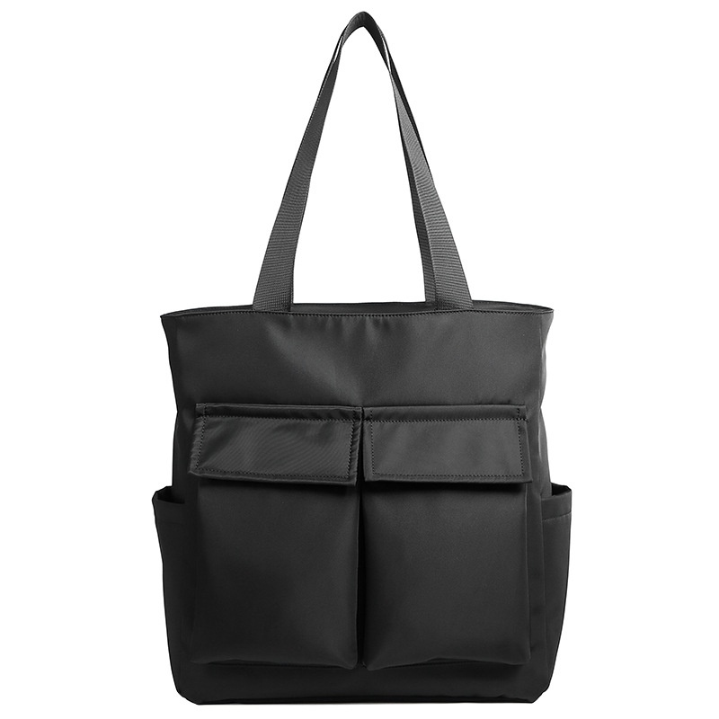Versatile Black Nylon Tote Bag with Multiple Pockets