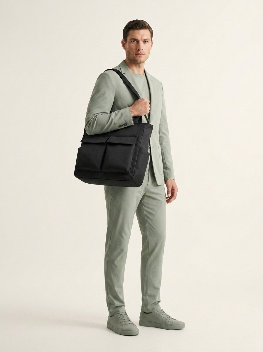 Versatile Black Nylon Tote Bag with Multiple Pockets