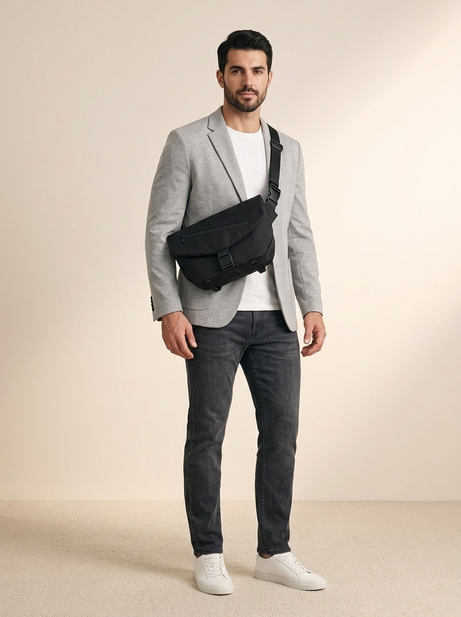 Sleek Black Messenger Bag - Modern Crossbody Design