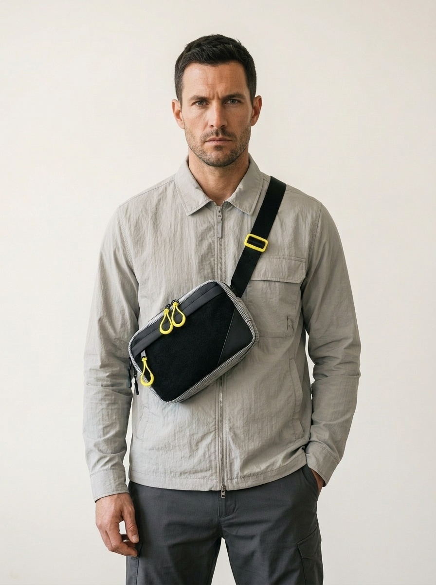 Sleek Black Crossbody Bag with Bright Yellow Zippers