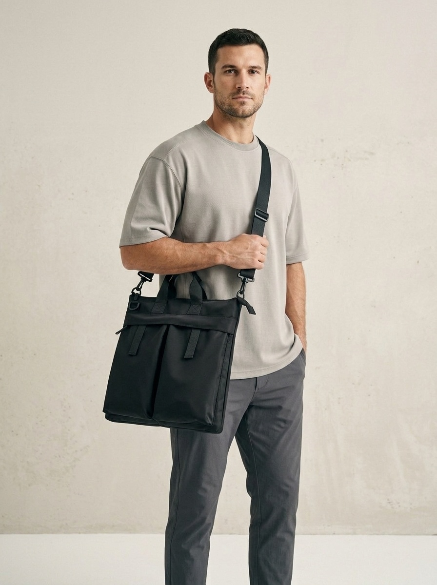 Black Utility Messenger Bag - Laptop Tote Shoulder Bag