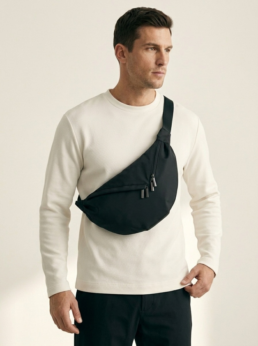 Minimalist Black Nylon Crossbody Sling Bag for Tablet