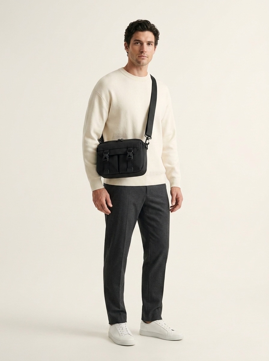 Men's Black Utility Crossbody Bag with Buckle Pockets