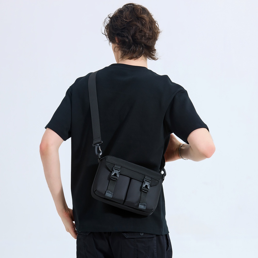 Men's Black Utility Crossbody Bag with Buckle Pockets
