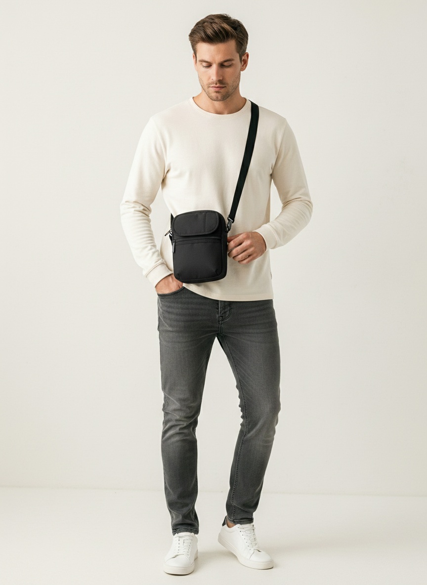 Men's Black Crossbody Bag - Compact Shoulder Messenger