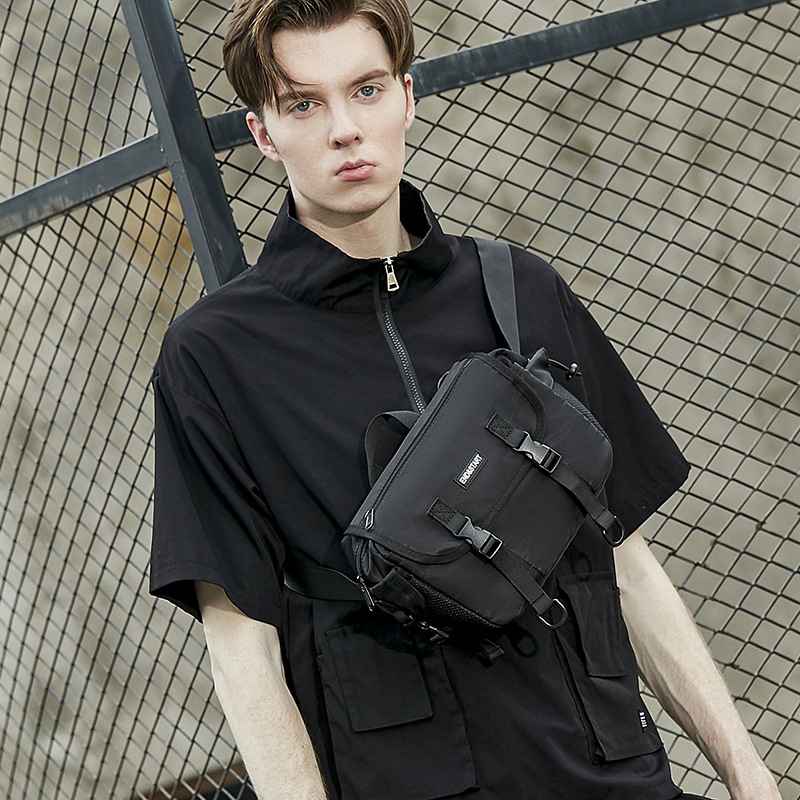Men's Black Techwear Crossbody Bag with Buckles