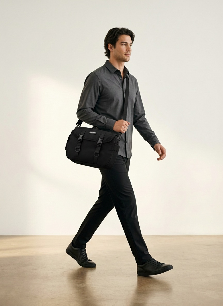 Men's Black Techwear Crossbody Bag with Buckles