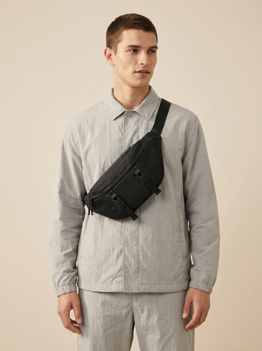 Men's Black Waterproof Sling Bag - Travel Waist Pack