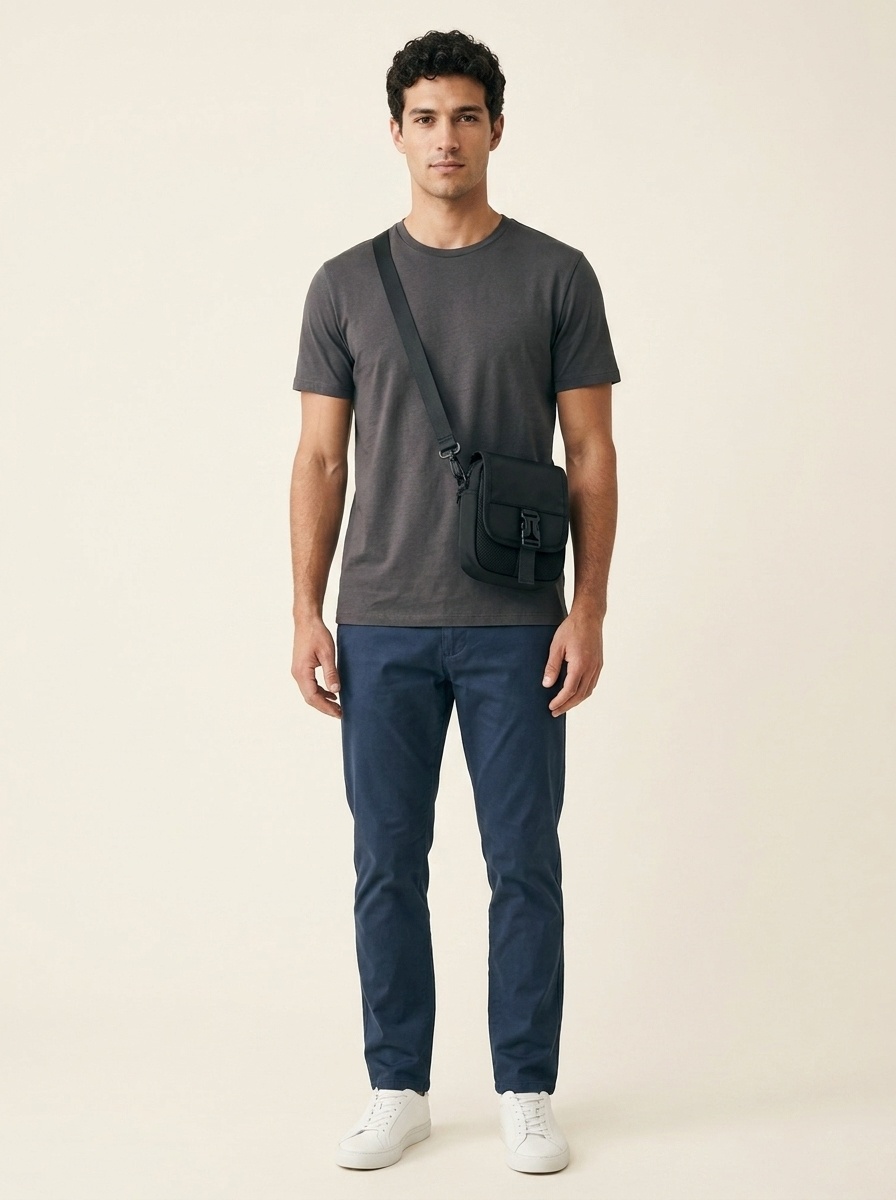 Men's Black Casual Crossbody Bag with Buckle