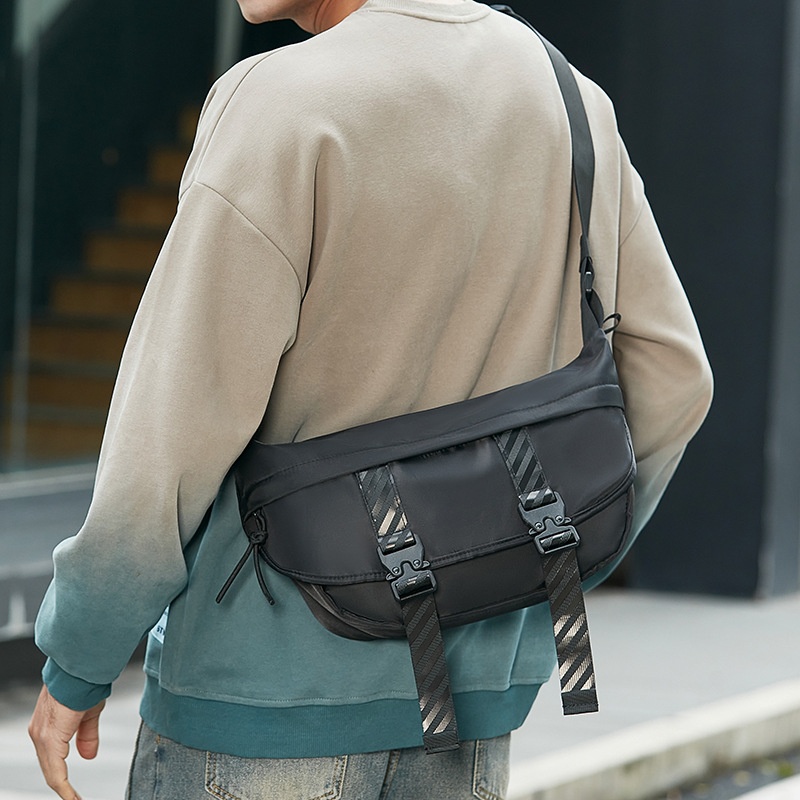 Men's Casual Black Crossbody Bag with Buckle Detail