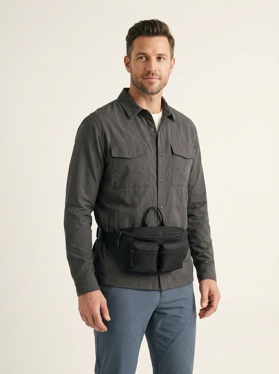 Men's Black Multi-Pocket Fanny Pack | Chest Bag