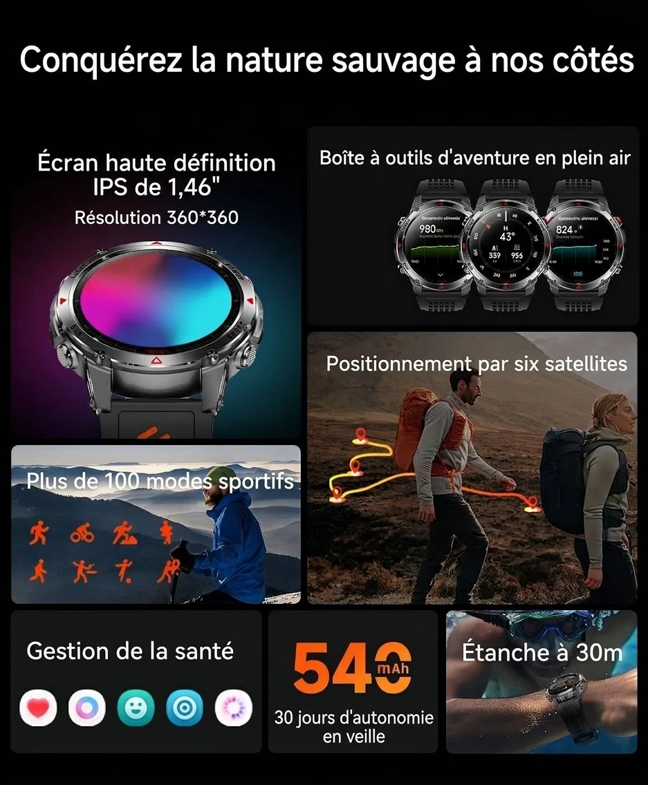 Montre connectée robuste pour l'extérieur avec écran rond HD, GPS et appels Bluetooth