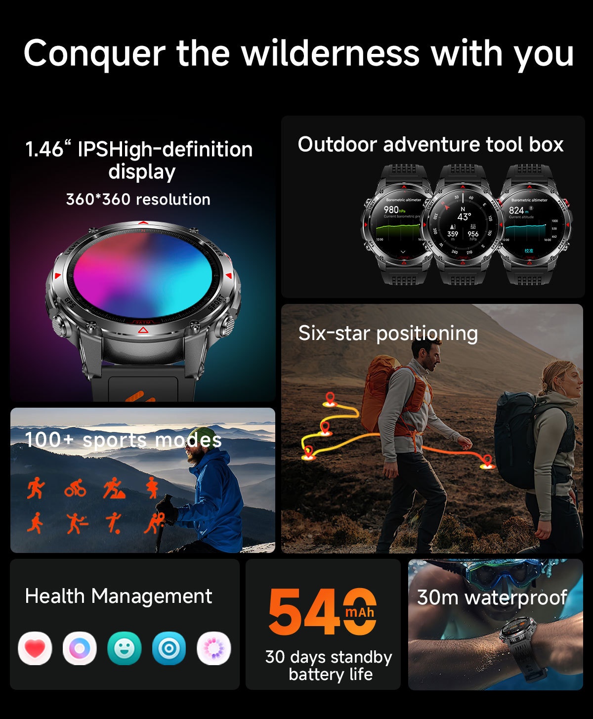 Robuste Outdoor-Smartwatch mit rundem HD-Display, GPS und Bluetooth-Anruffunktion